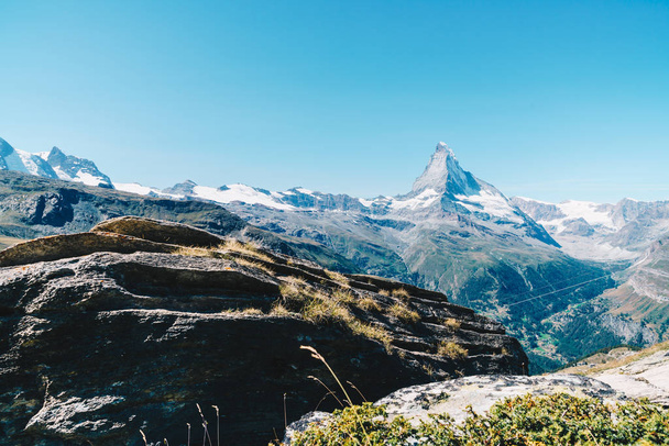 Beautiful mountain landscape with views of the Matterhorn peak in Zermatt, Switzerland. - 写真・画像