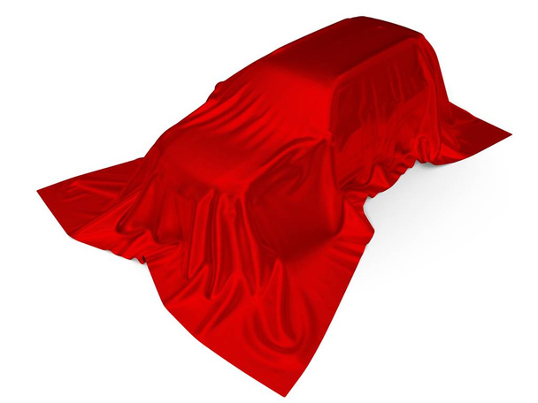 Концепт внедорожника покрыт красным шелком. 3d иллюстрация
 - Фото, изображение