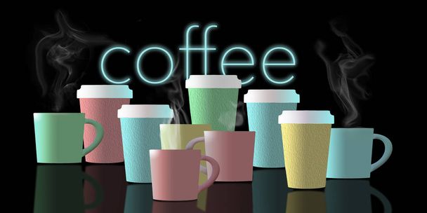 Кофе, чашки кофе являются предметом этой иллюстрации. Кофе чашки выстроились и в пастельных тонах, как они отражаются на черном переднем плане
. - Фото, изображение