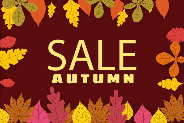 Banner for Autumn Sale, background with falling leaves, yellow, orange, brown, fall, lettering, template for poster, banner, vector, isolated - Vektor, Bild