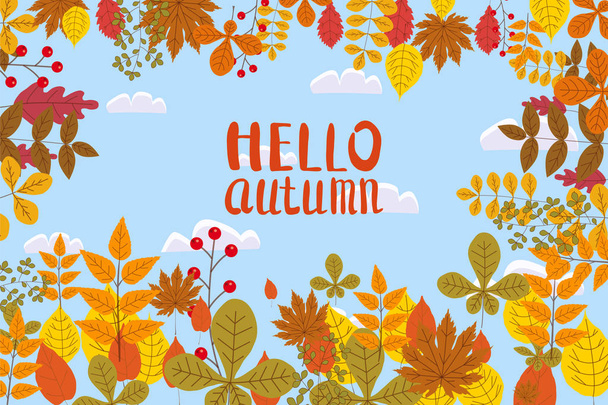 こんにちは秋、落ち葉、黄色、オレンジ、茶色、秋、レタリング、ポスター、バナー、ベクトル、テンプレートと背景分離 - ベクター画像