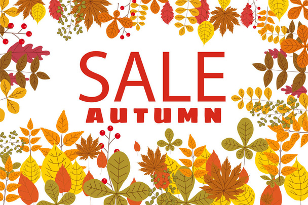 秋販売、落ち葉、黄色、オレンジ、茶色との背景のバナーに落ちる、レタリング、ポスター、バナー、ベクトルは、分離用のテンプレート - ベクター画像