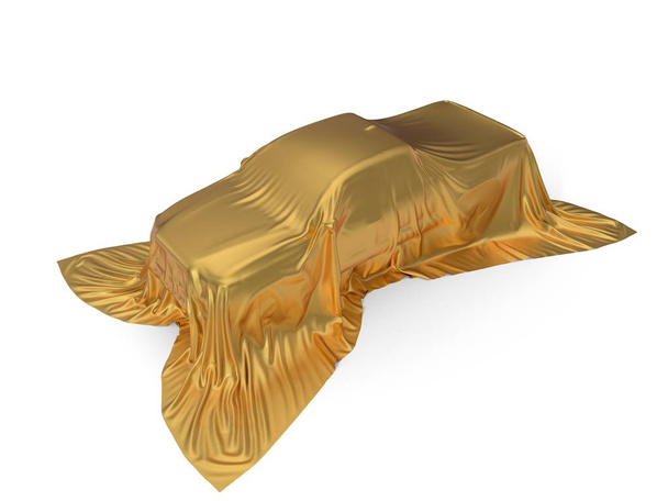 gouden zijde bedekt pick-up truck concept. 3D illustratie - Foto, afbeelding