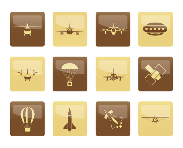 Different types of Aircraft Illustrations and icons over brown background - Vector icon set 2 - Vector, Image