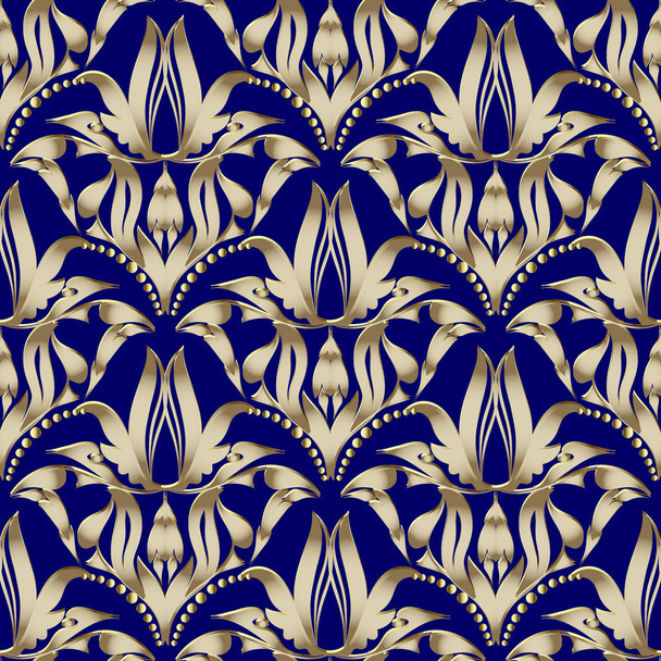 Floral gold Damask vector seamless pattern. Dark blue ornamental vintage background. Baroque antiique style 3d ornament with flowers, leaves, dots. Ornate design for wallpapers, fabric, textile, print - Vetor, Imagem