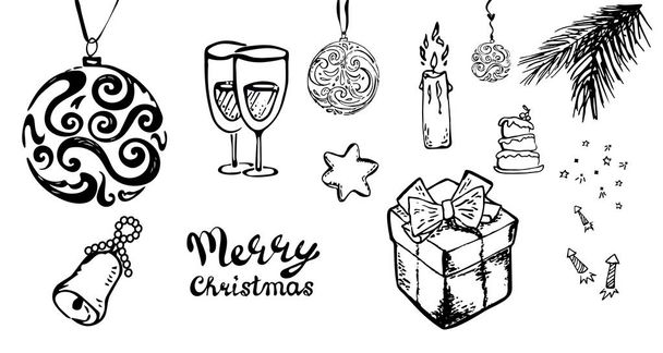 Hand-Drawn Christmas Sketchy Doodles- Vector Illustration Design Elements.set ,candle,glasses, fireworks star bell tree - Vector, Image