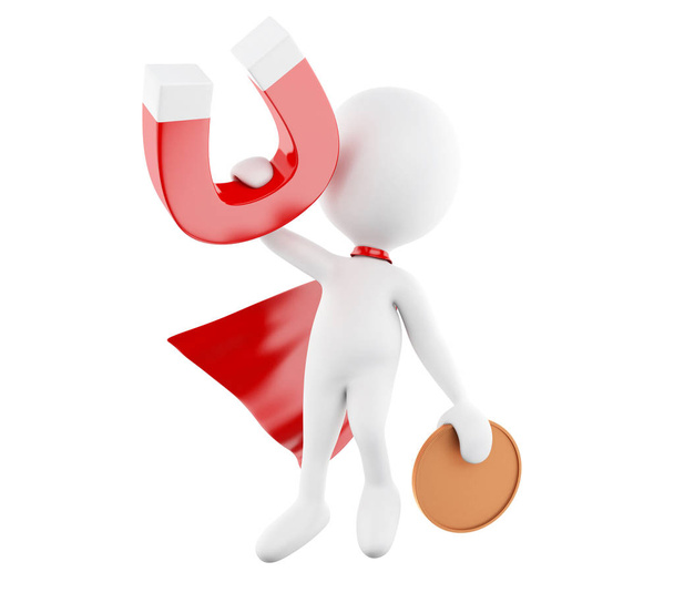 Imagen del renderizador 3d. Gente blanca con capa roja e imán de herradura atrayendo dinero. Concepto de negocio. Fondo blanco aislado
 - Foto, imagen