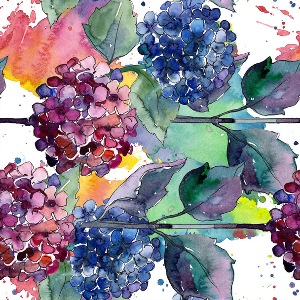 Aquarell blaue und violette Gortenzienblüten. Blütenbotanische Blume. nahtloses Hintergrundmuster. - Foto, Bild