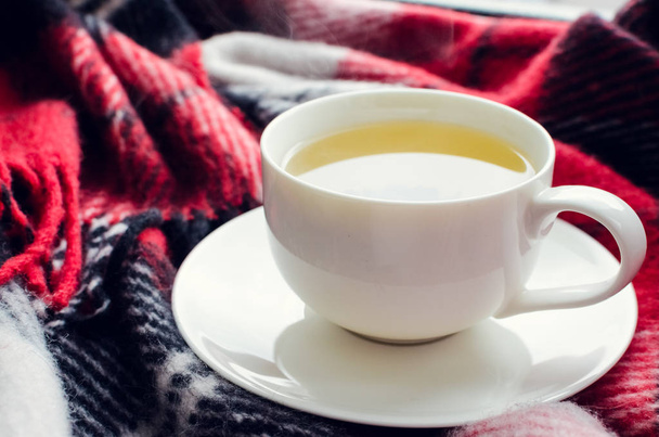Cup of tea on red warm woolen blanket. Hot drink for cold rainy days. Danish hygge concept, autumn mood. Cozy winter or autumn morning at home. Warm and comfy fall weekend. Relaxing in cold weather. - Photo, Image