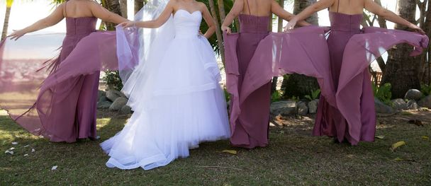 Une mariée avec ses demoiselles d'honneur s'amuser dans un jardin avant son mariage
 - Photo, image