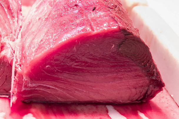 Fresh red tuna fillet on display in Isla Cristina market, Huelva - Photo, Image
