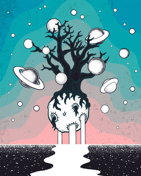 Ručně tažené abstraktní mystery strom na měsíci v hlubokém vesmíru. - Vektor, obrázek