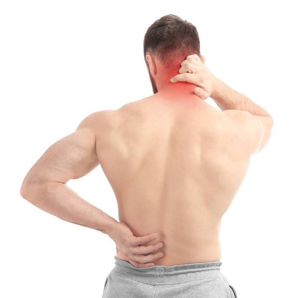 Uomo che soffre di mal di schiena su sfondo bianco
 - Foto, immagini