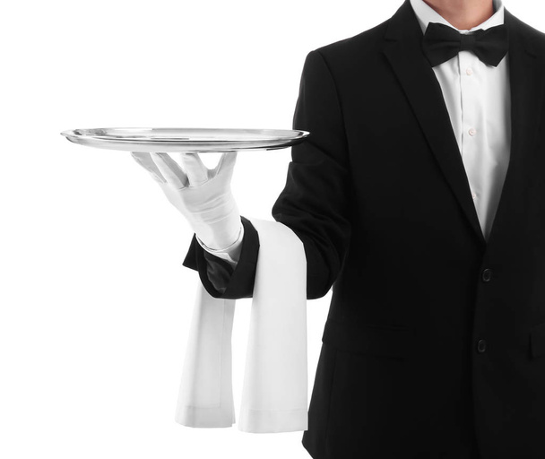 Waiter holding metal tray on white background - Fotoğraf, Görsel
