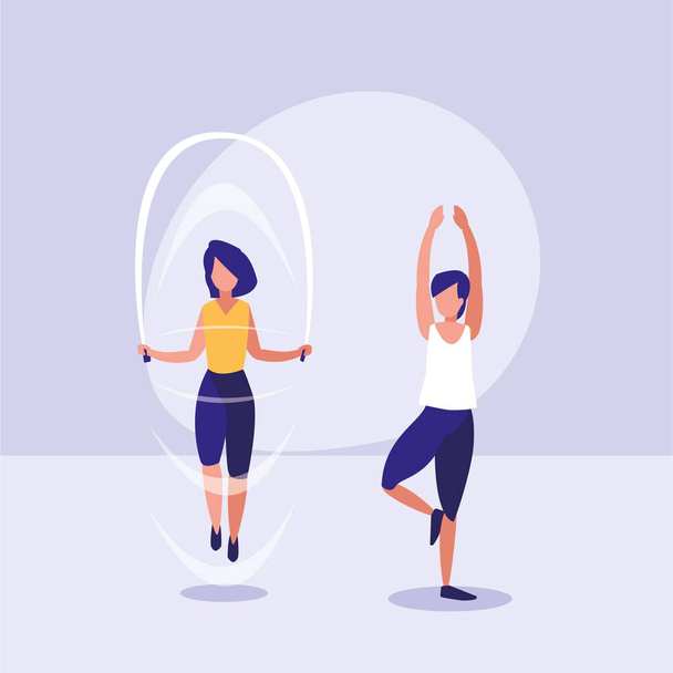 couple practicing exercise avatar character - Vector, Image