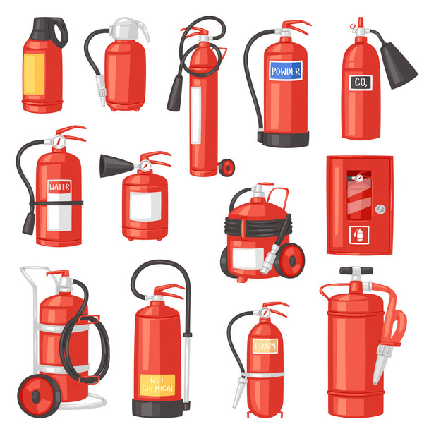 Fire extinguisher vector fire-extinguisher for safety and protection to extinguish fire illustration set of extinguishing equipment of firefighter isolated on white background - Wektor, obraz