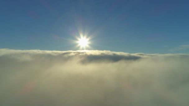 航空写真: 明らかに早朝の太陽の上に輝いている厚い雲の切れ間から飛んでいます。暖かい木漏れ日が曇った冬の日の密な雲を越えピークします。夕日の前に雲より高いを鯉のぼり - 映像、動画