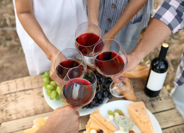 Friends holding glasses of wine over picnic table at vineyard - Foto, Imagen