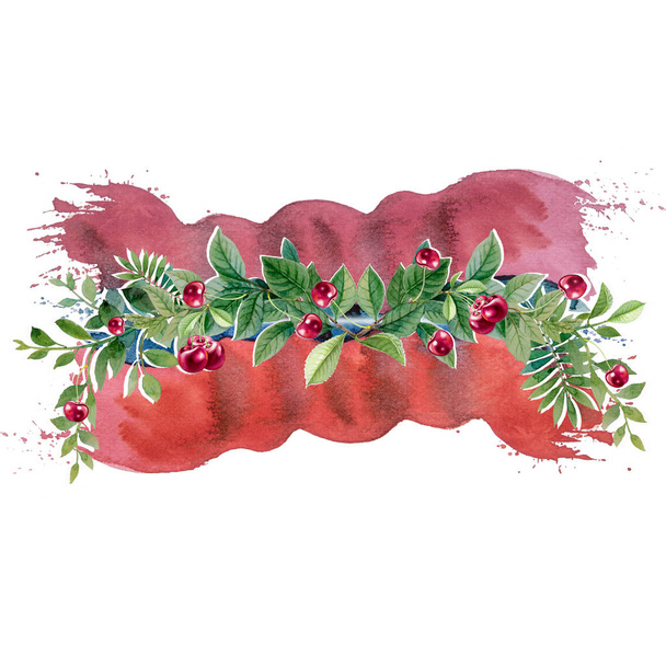 Watercolor painting Christmas wreath with fir cherry and place for text. Illustration for greeting cards and invitations isolated on white background. - Photo, Image