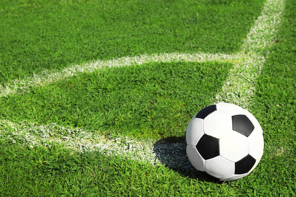 Soccer ball on fresh green football field grass. Space for text - Zdjęcie, obraz