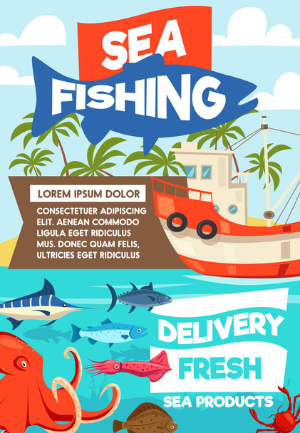 Seefischerei und Lieferung von Meeresfrüchten - Vektor, Bild