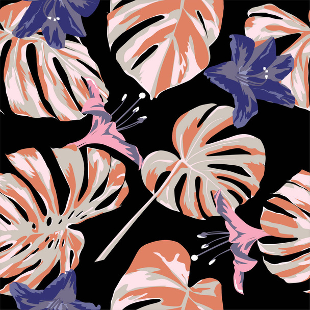Tropical Print. Jungle Seamless Pattern. Vector Tropic Summer Motif with Hawaiian Flowers.  - Wektor, obraz