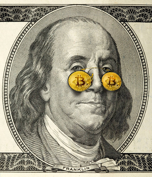 close-up portrait of Franklin with bitcoin glasses - Photo, Image