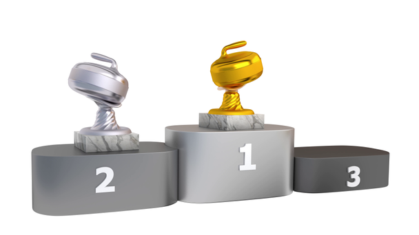 Curling Gold Silver and Bronze Trophies with Marble Bases Appear on Podium with white background - Footage, Video
