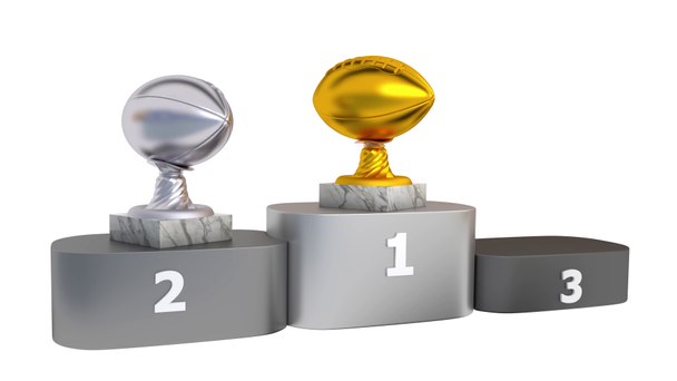 American Football Gold Silver and Bronze Trophies with Marble Bases Appear on Podium with white background - Footage, Video