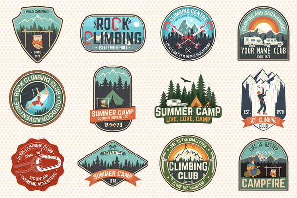 Set di club di arrampicata su roccia e badge dei campi estivi. Vettore. - Vettoriali, immagini