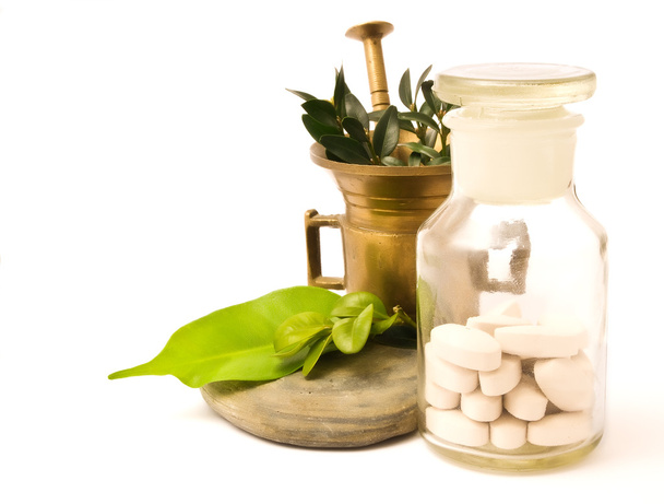 Habarcs és gyógyszerészeti palack, gyógynövények - Fotó, kép