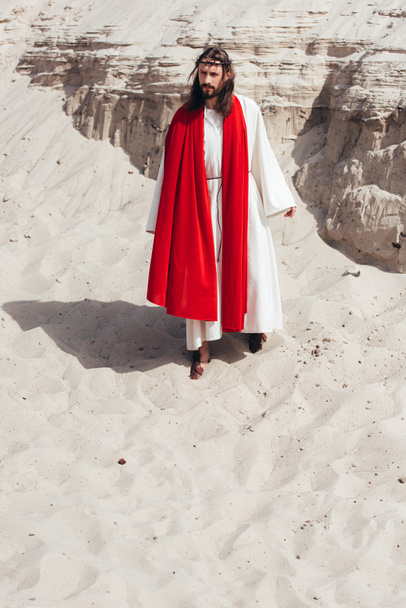 Jesus in Robe, roter Schärpe und Dornenkrone wandelt in der Wüste - Foto, Bild