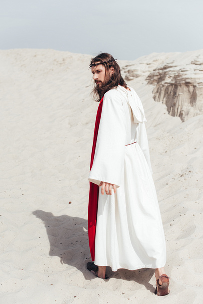 back view of Jesus in robe, red sash and crown of thorns walking in desert - Photo, Image