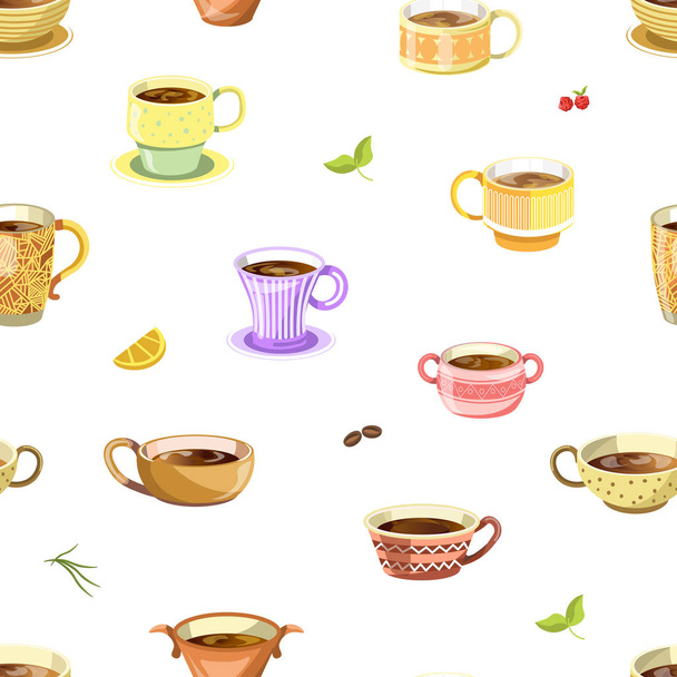 Coffee or tea poured in cup vector seamless pattern  - Vektör, Görsel