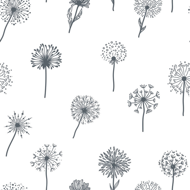 Dandelion old plants with seeds, monochrome sketches outline, seamless pattern - Вектор, зображення