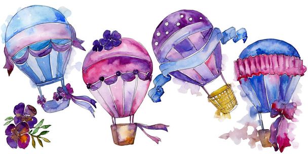 Purple and blue hot air balloon background fly air transport illustration. Isolated illustration element. Aquarelle balloon for background, texture, wrapper pattern, frame or border. - Photo, Image