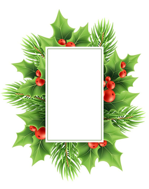 Christmas greeting card vector template. Realistic holly tree branch, red berries, fir twig and text frame. Xmas holly decoration. Christmas plants. Postcard, poster, greeting card design - Vektör, Görsel