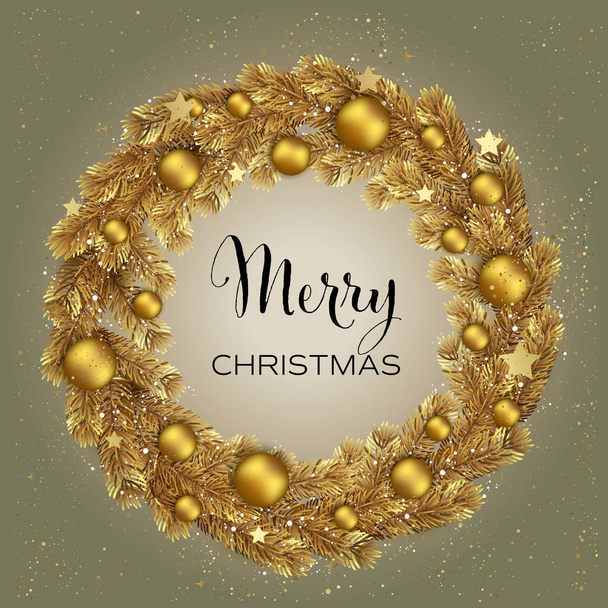 Christmas Wreath with Gold Pine Branches. Vector - Wektor, obraz
