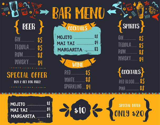Grunge Cocktail menu template. Alcohol drink sketch design. Restaurant promotion banner - Vector, Image