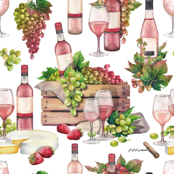 Şişe ve üzüm, şarap gözlük, peynir ve srtrawberries sulu boya kutusu - Fotoğraf, Görsel