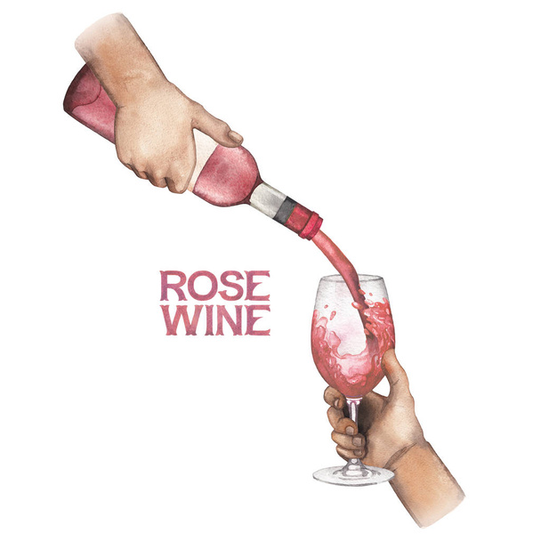 Рука акварели наливает розовое вино из бутылки в бокал
 - Фото, изображение
