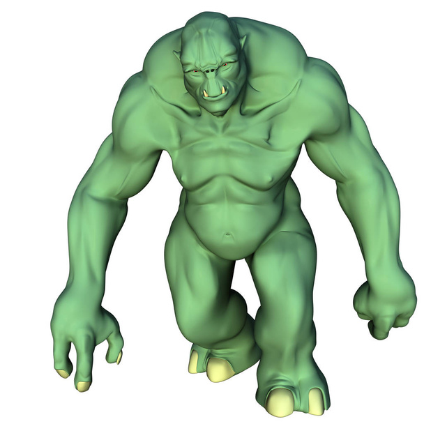 ein riesiger und muskulöser grüner böser Troll. er geht selbstbewusst mit geballter Faust in die Kamera - Foto, Bild