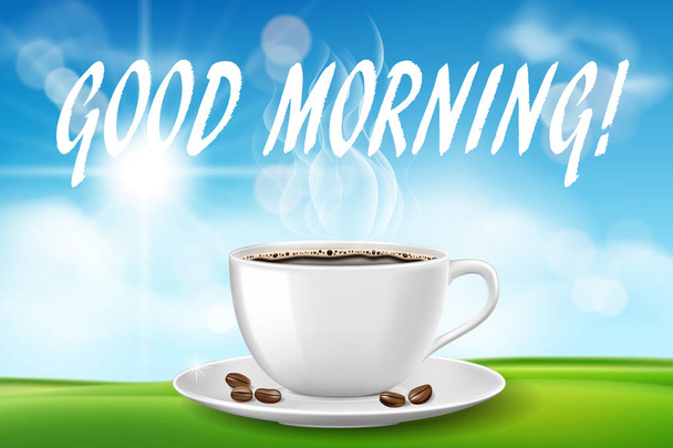 Good morning beautiful day with coffee cup. Sunny morning with hot drink on green grass on blue sky background. vector illustration - Vector, Imagen