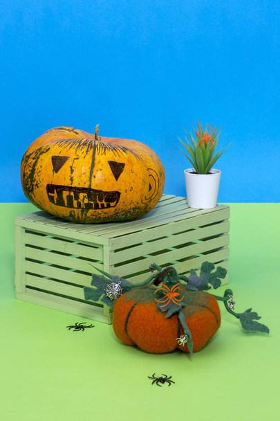 Still life with handmade pumpkins from felted wool for the celebration of Halloween - 写真・画像