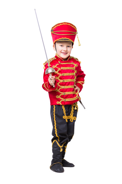 Smiling little boy wearing like hussar isolated on white background - Фото, зображення