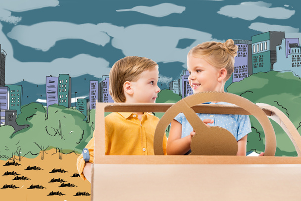 adorabile bambini guida auto di cartone in città disegnata e parco sullo sfondo
 - Foto, immagini