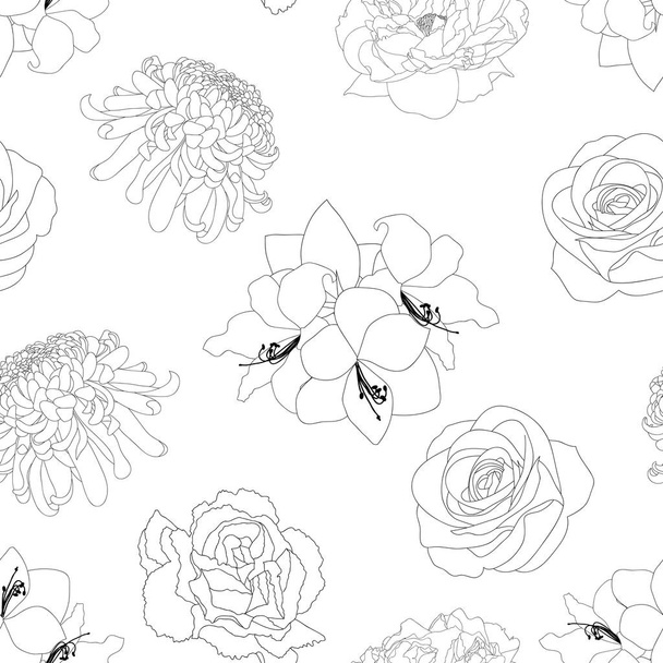 Rose, Chrysantheme, Nelke, Pfingstrose und Amaryllis blühen im Hintergrund. nahtlose Vektorabbildung. - Vektor, Bild