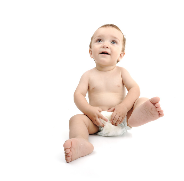 Beautiful cute happy baby isolated on white background. Wearing diaper, large copy-space for your message. - Фото, зображення