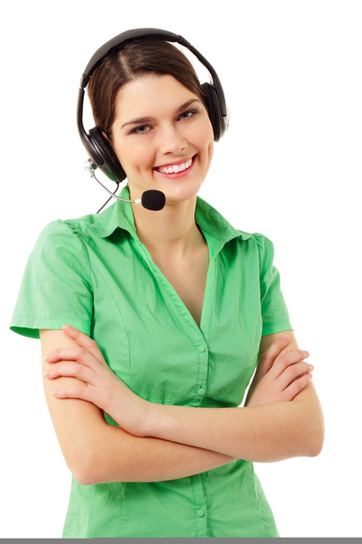 Support telefoon operator vrolijke in hoofdtelefoon geïsoleerd op wit - Foto, afbeelding