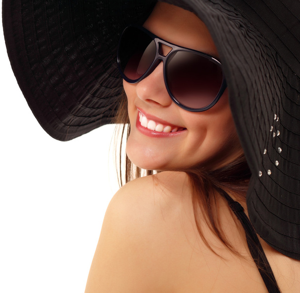 summer teen girl cheerful in panama and sunglasses - Photo, image